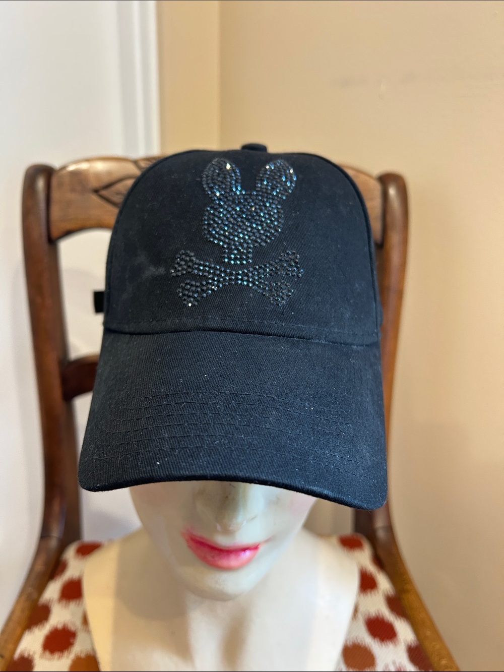 Psycho Bunny Black Baseball Cap with Rhinestone Skull Design One Size